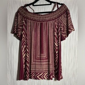 Mine Tribal Print Off-Shoulder Blouse - Burgundy and Cream